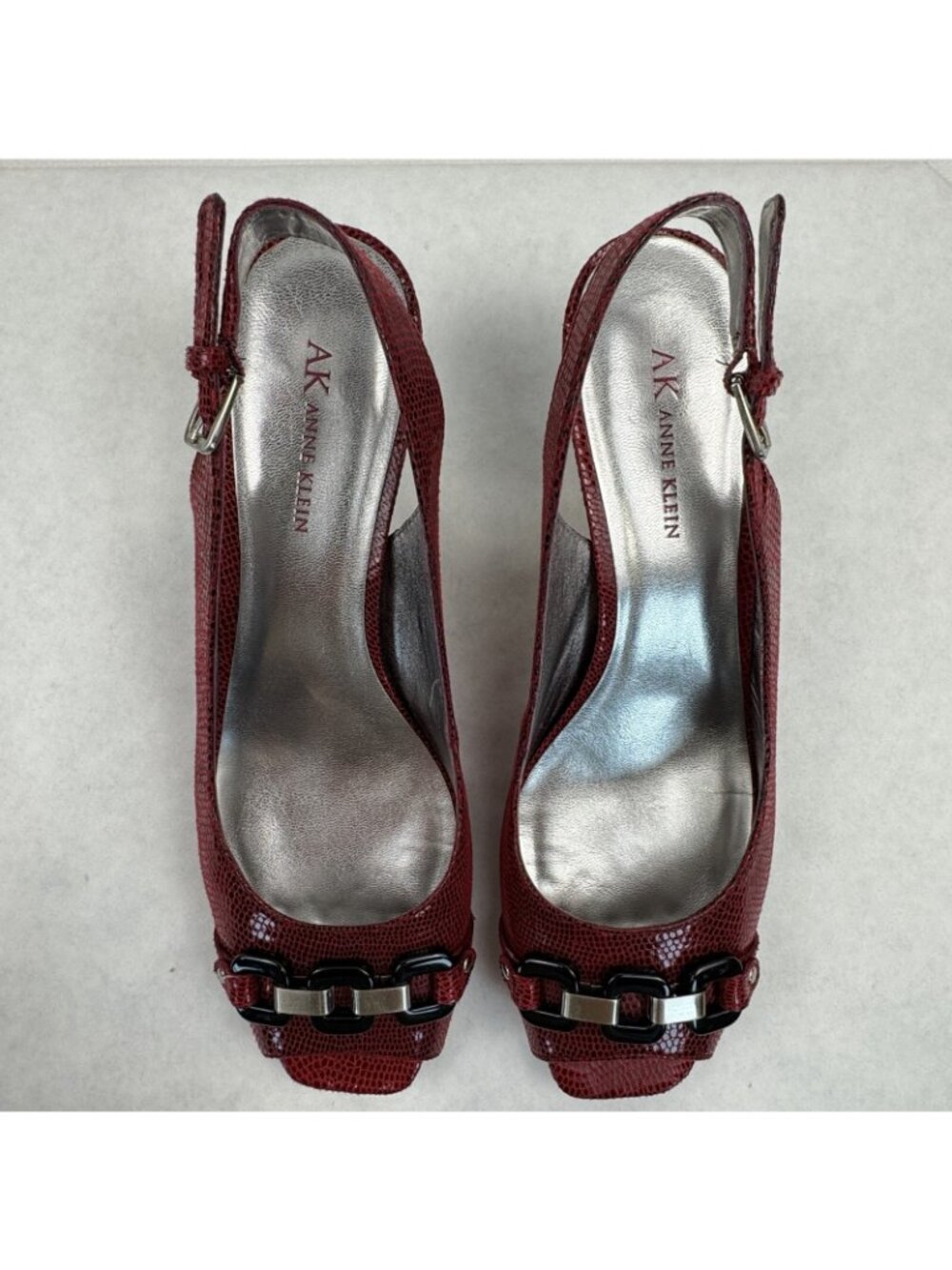 Anne Klein AK Sindri Slingback Heels Womens Size 9.5M Red Snakeskin Peep Toe - Picture 9 of 12